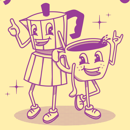 Póster Retro Cafetera Moka y Taza | Lámina Decoración Cocina Café | Arte de Pared Vintage