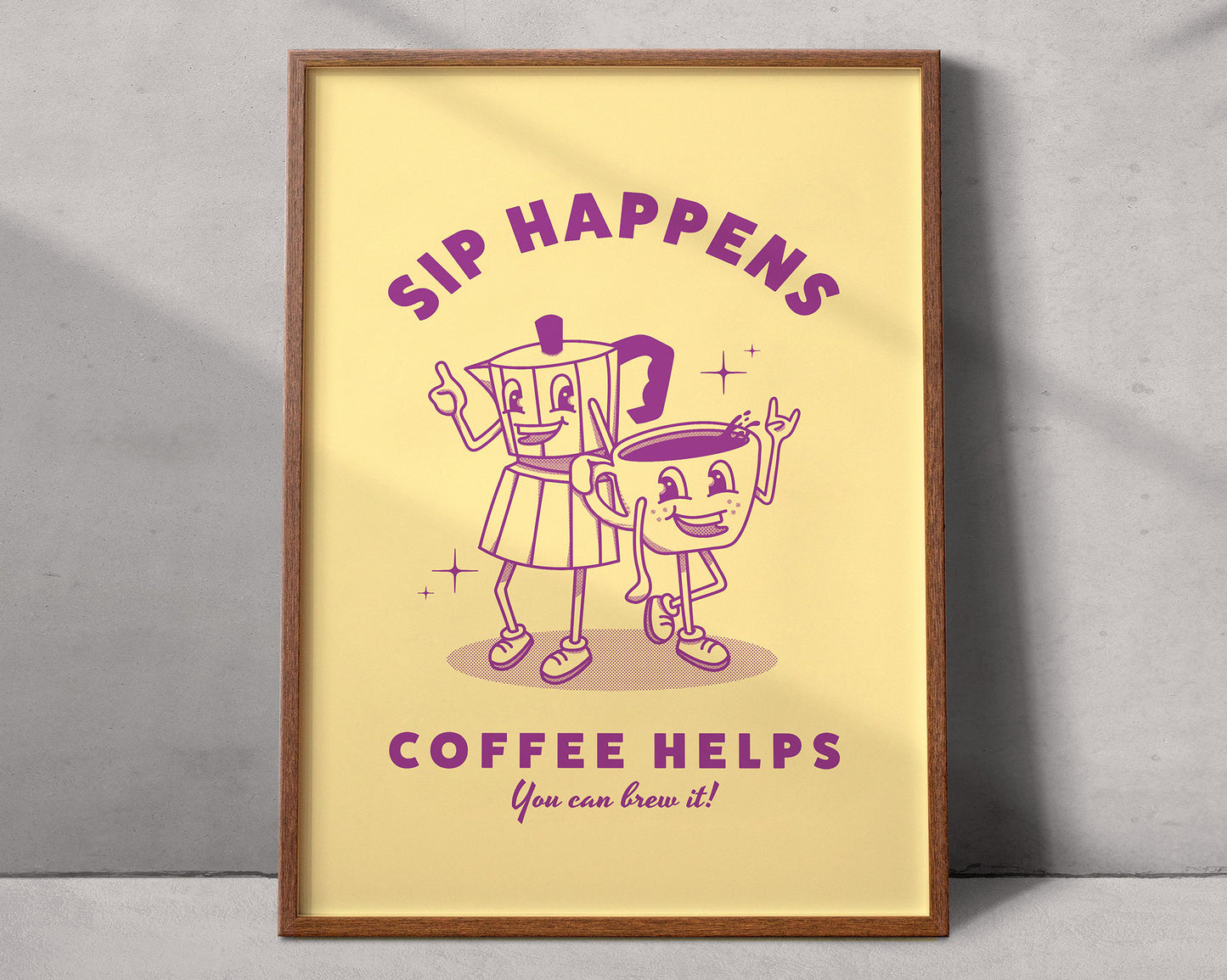 Póster Retro Cafetera Moka y Taza | Lámina Decoración Cocina Café | Arte de Pared Vintage