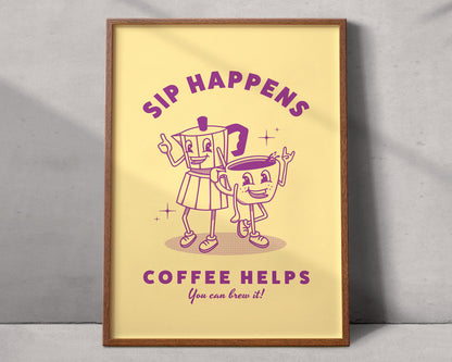 Póster Retro Cafetera Moka y Taza | Lámina Decoración Cocina Café | Arte de Pared Vintage