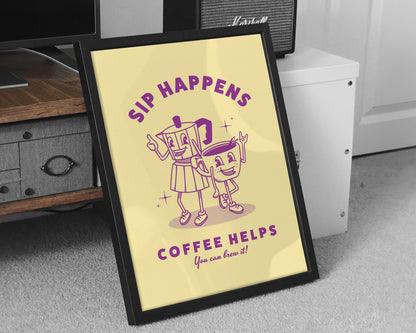 Póster Retro Cafetera Moka y Taza | Lámina Decoración Cocina Café | Arte de Pared Vintage