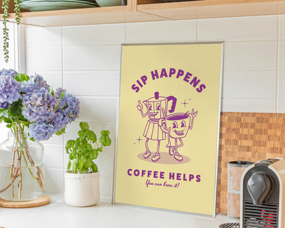 Póster Retro Cafetera Moka y Taza | Lámina Decoración Cocina Café | Arte de Pared Vintage